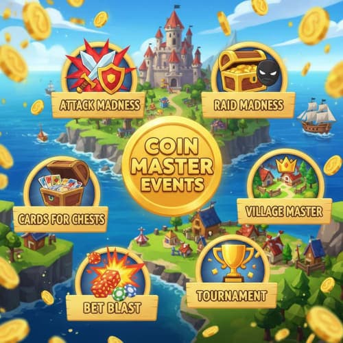 Coin Master events and tournaments — complete guide Coin Master events overview showing Attack Madness, Raid Madness, Village Master, and tournament rewards screen